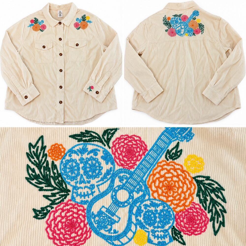 Disney Pixar Coco Embroidered Corduroy Shacket Shirt Jacket Women’s 3X Plus